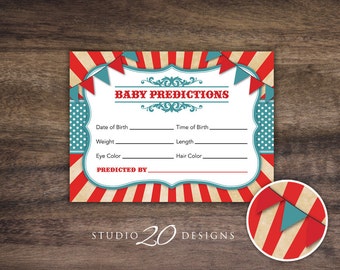 Instant Download Vintage Big Top Circus Predictions for Baby Cards, Printable Circus Baby Predictions, Turquoise Red Baby Shower Games 84A