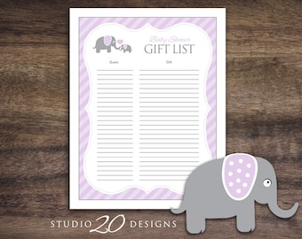 Instant Download Lilac Elephant Baby Shower for Girl, Baby Shower Gift List Tracker, Gift Registry Tracking Sheet, Elephant Checklist 22E