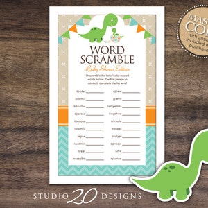 Instant Download Dinosaur Baby Shower Word Scramble Game, Printable Dinosaur Word Scramble, Teal Orange Boy Dinosaur Baby Shower Games 59A