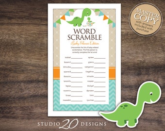 Instant Download Dinosaur Baby Shower Word Scramble Game, Printable Dinosaur Word Scramble, Teal Orange Boy Dinosaur Baby Shower Games 59A