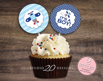 Instant Download 2" Blue Airplane Cupcake Toppers, Printable Boy Baby Shower Cupcake Toppers, It's A Boy Shower Pops, Aviation Toppers #37A