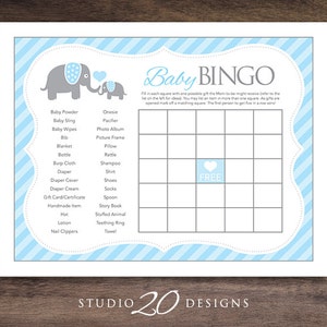 Instant Download Blue Elephant Baby Shower Games, Printable Bingo Cards for Baby Boy, Downloadable Elephant Theme Bingo Game #22C
