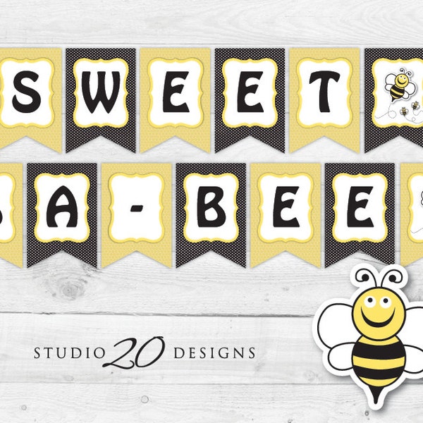 Instant Download Bee Baby Shower Banner, Yellow Black Babee Bunting Banner, Ba-bee Pendent Banner, Honeycomb Baby Shower Banner 36A