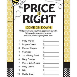 Instant Download Bee Theme Baby Shower The Price Is Right Game Cards, Bumblebee Printable Party Sheets for Girl Boy Unisex 36A image 2