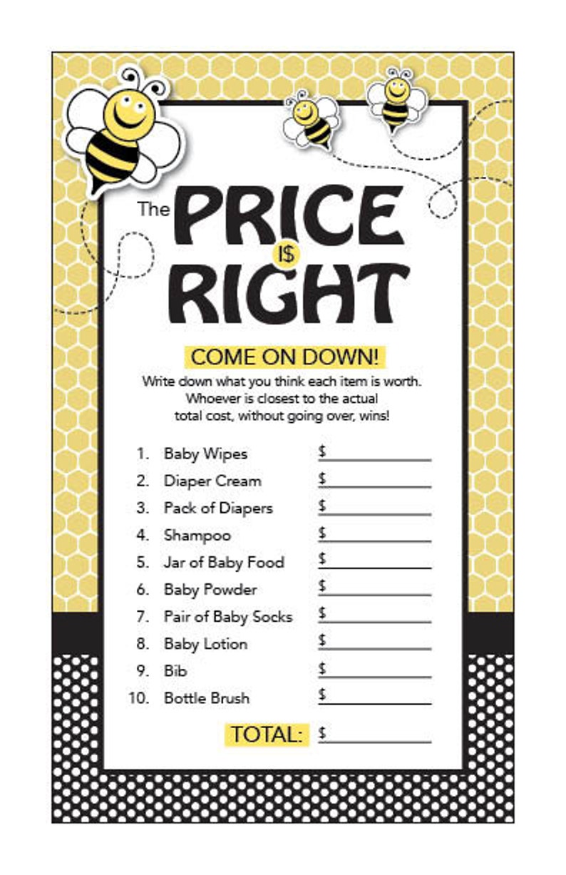 Instant Download Bee Theme Baby Shower The Price Is Right Game Cards, Bumblebee Printable Party Sheets for Girl Boy Unisex 36A image 2