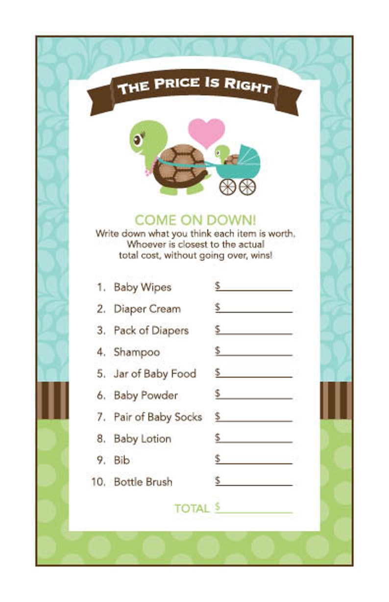 Instant Download Green Turtle Baby Shower Games Pack, Printable Turtle Bingo, Price Is Right, Wishes for Baby, Diaper Raffle 56A image 2