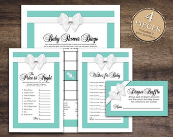 Instant Download Aqua Baby Shower Games Pack, Printable Classic White Bow Bingo, Price Is Right, Wishes for Baby, Diaper Raffle 53A