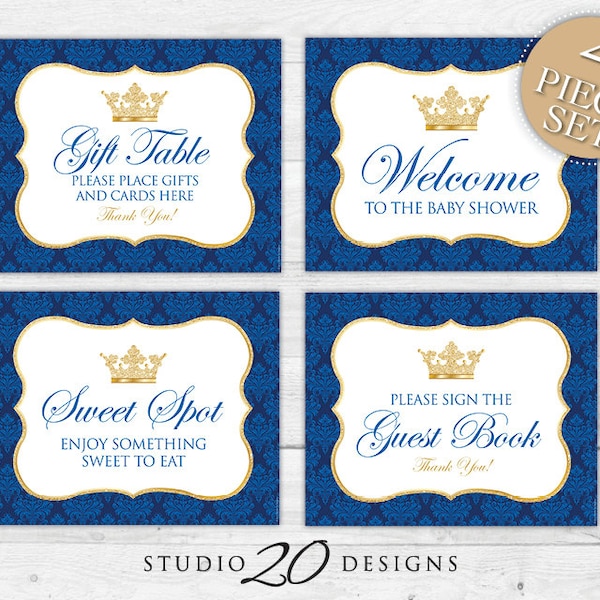 Instant Download Royal Blue Baby Shower Signs, 8x10 Gift Table, Gold Prince Welcome Sign, Gold Glitter Treat Table Sign, Guest Book Sign 66C