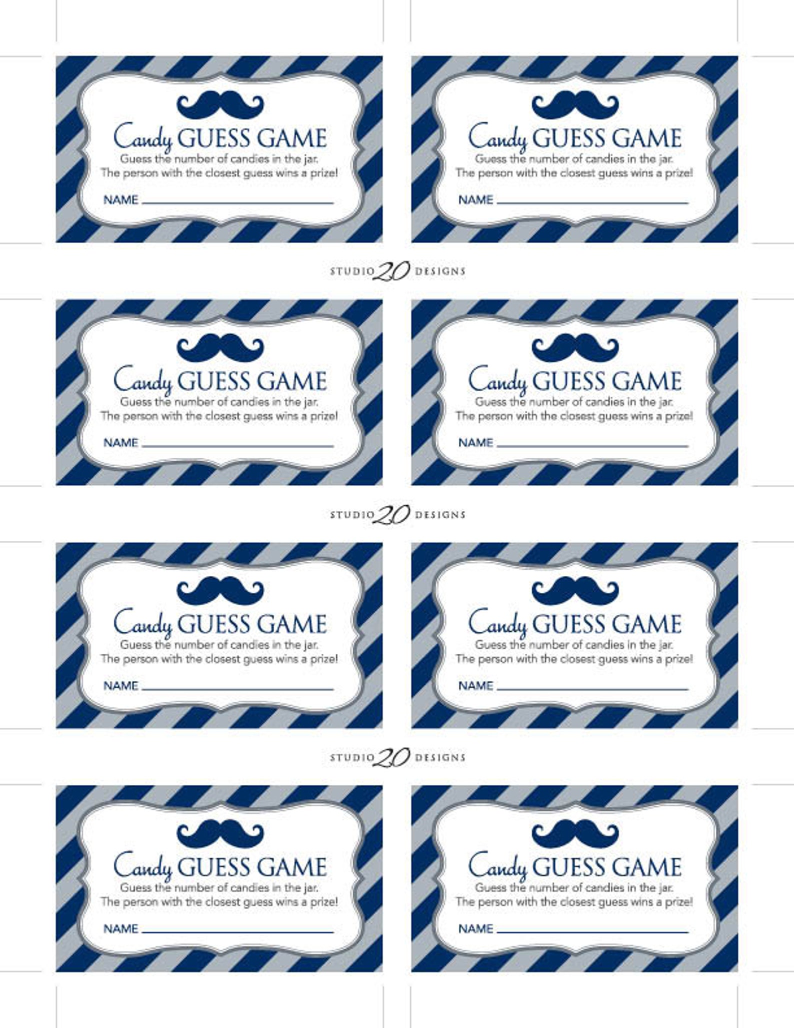 Instant Download Mustache Candy Guessing Game Navy Grey - Etsy