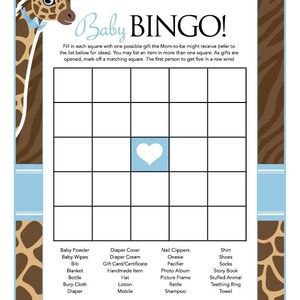 Instant Download Blue Giraffe Baby Shower Bingo Game, Brown Blue ...