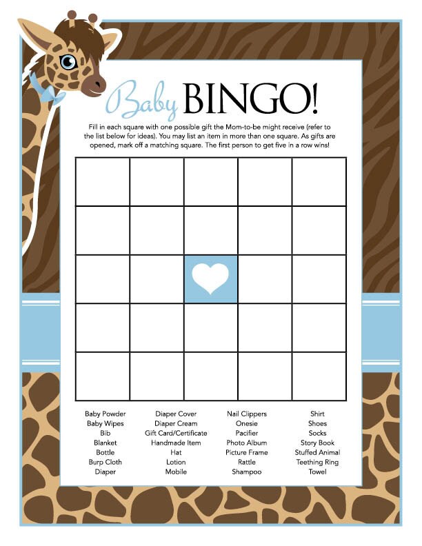 Instant Download Blue Giraffe Baby Shower Bingo Game Brown - Etsy