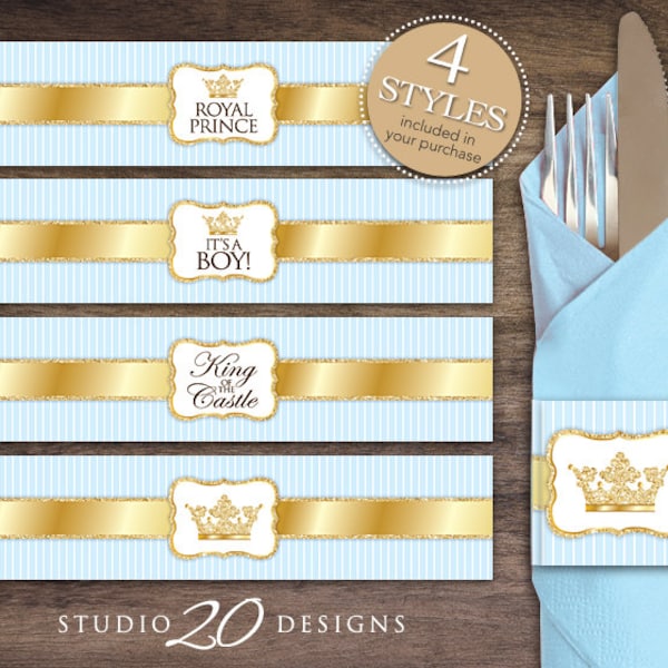 Instant Download Blue Prince Napkin Rings, Glitter Royal Prince Baby Shower Napkin Labels, Prince Birthday Party Napkin Rings #66B