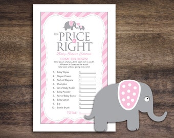 Instant Download Pink Elephant Baby Shower Games for Girl, The Price Is Right Game Cards, Printable Party Sheets, Girl Pink Grey  #22B
