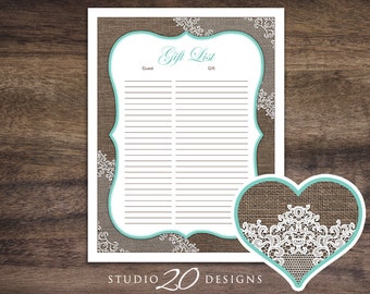 Instant Download Aqua Burlap and Lace Baby Shower Gift Registry, Printable Gift List, Rustic Burlap Theme Bridal Shower Gift Tracker 73B