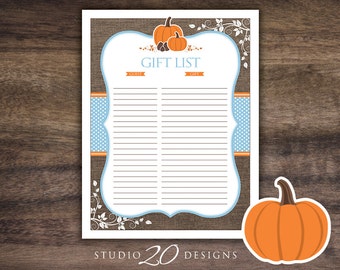 Instant Download Orange Blue Pumpkin Baby Shower Gift Registry, Printable Boy Pumpkin Gift List, Rustic Burlap Gift Tracking Sheet #83B