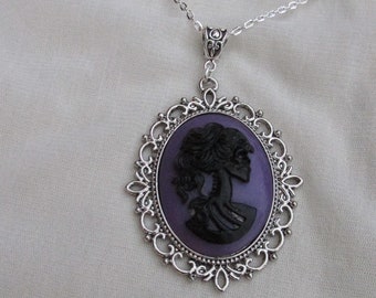 Large 30 x 40 mm Lolita day of the Dead Black on Purple Cameo Necklace