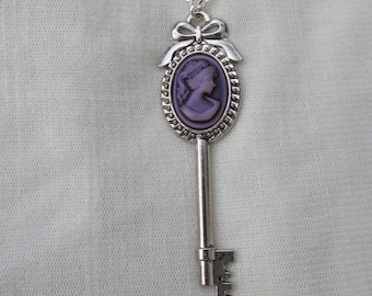 Purple Cameo Lady Key Necklace