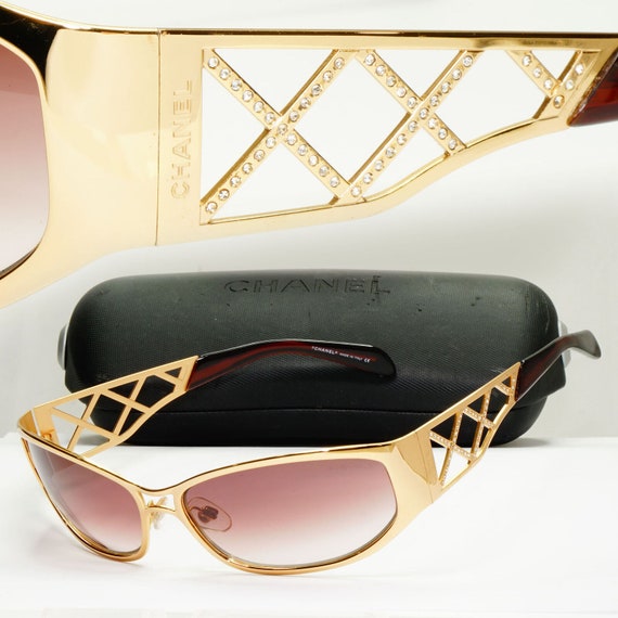 Vintage Chanel Brown Tinted Sunglasses Rhinestone Glasses Gold