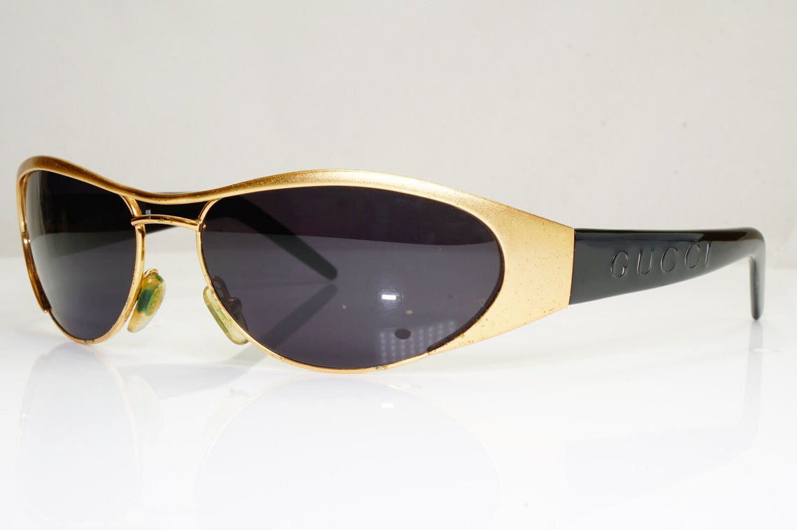Authentic Gucci Mens Vintage Sunglasses Black Rectangle Gold Etsy