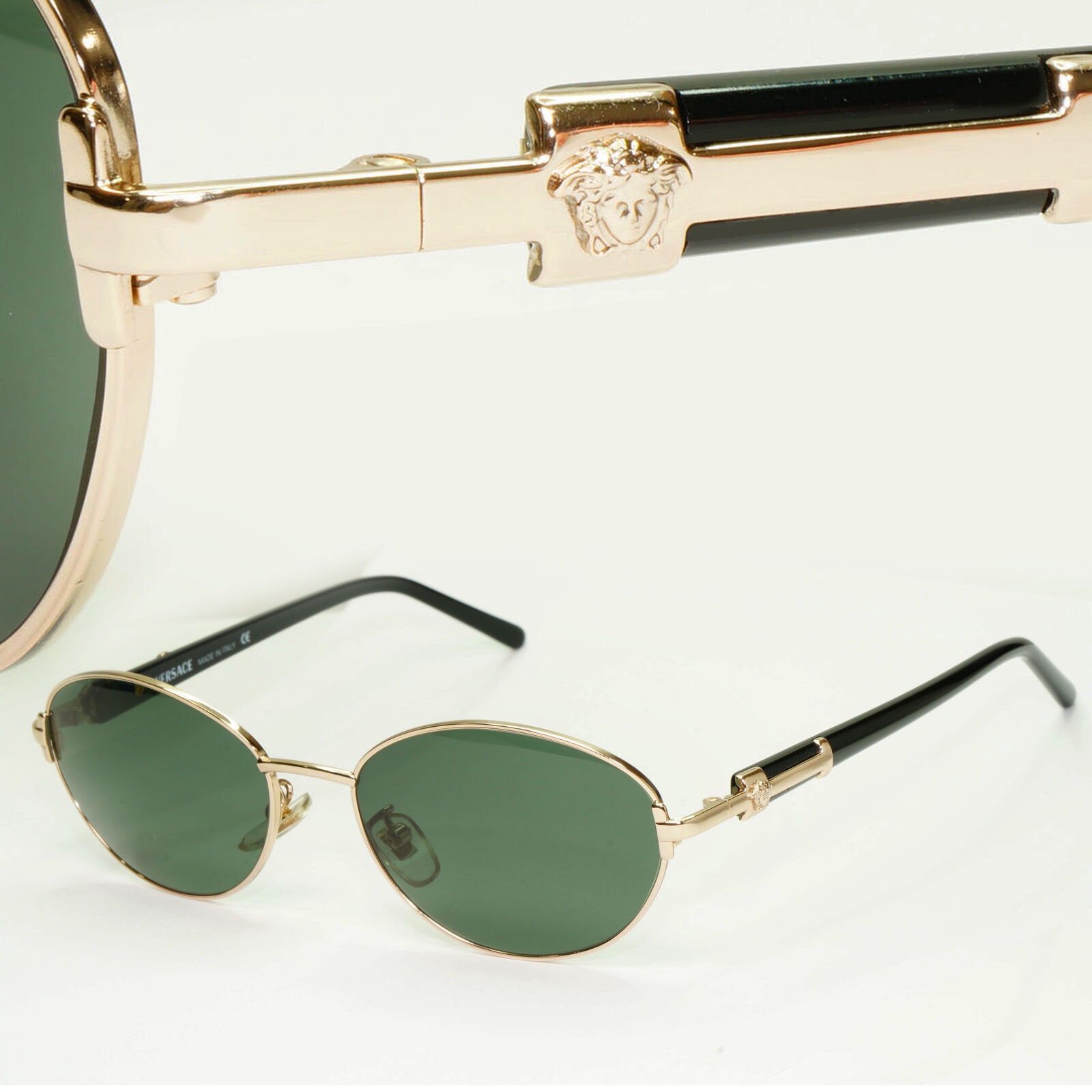 Gianni Versace 1995 Sunglasses Vintage Gold Black Green Oval