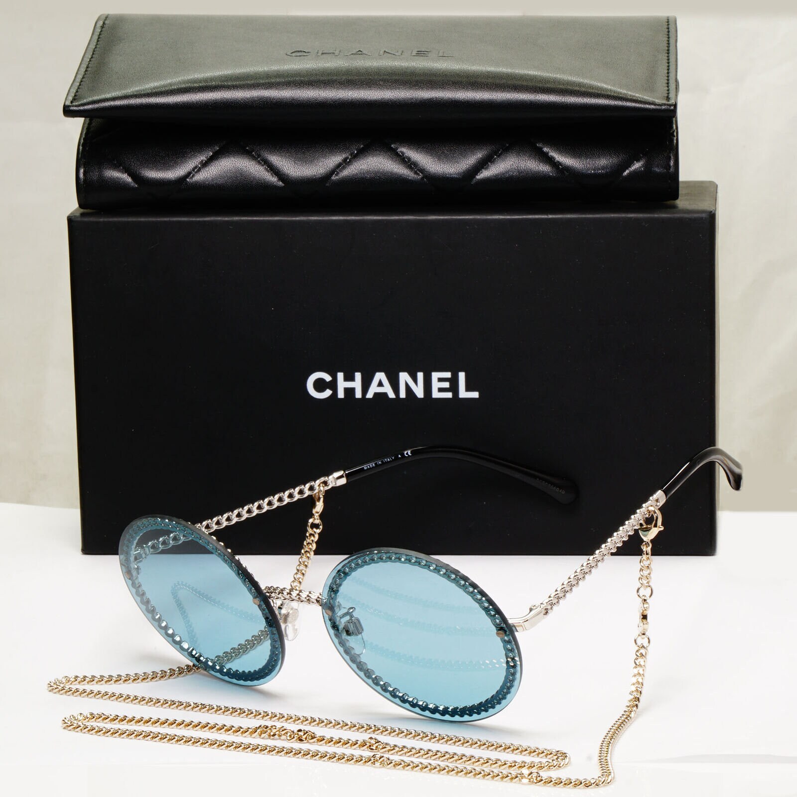 Chanel Chain Sunglasses Round Blue Year 2021 Silver Gold 4245