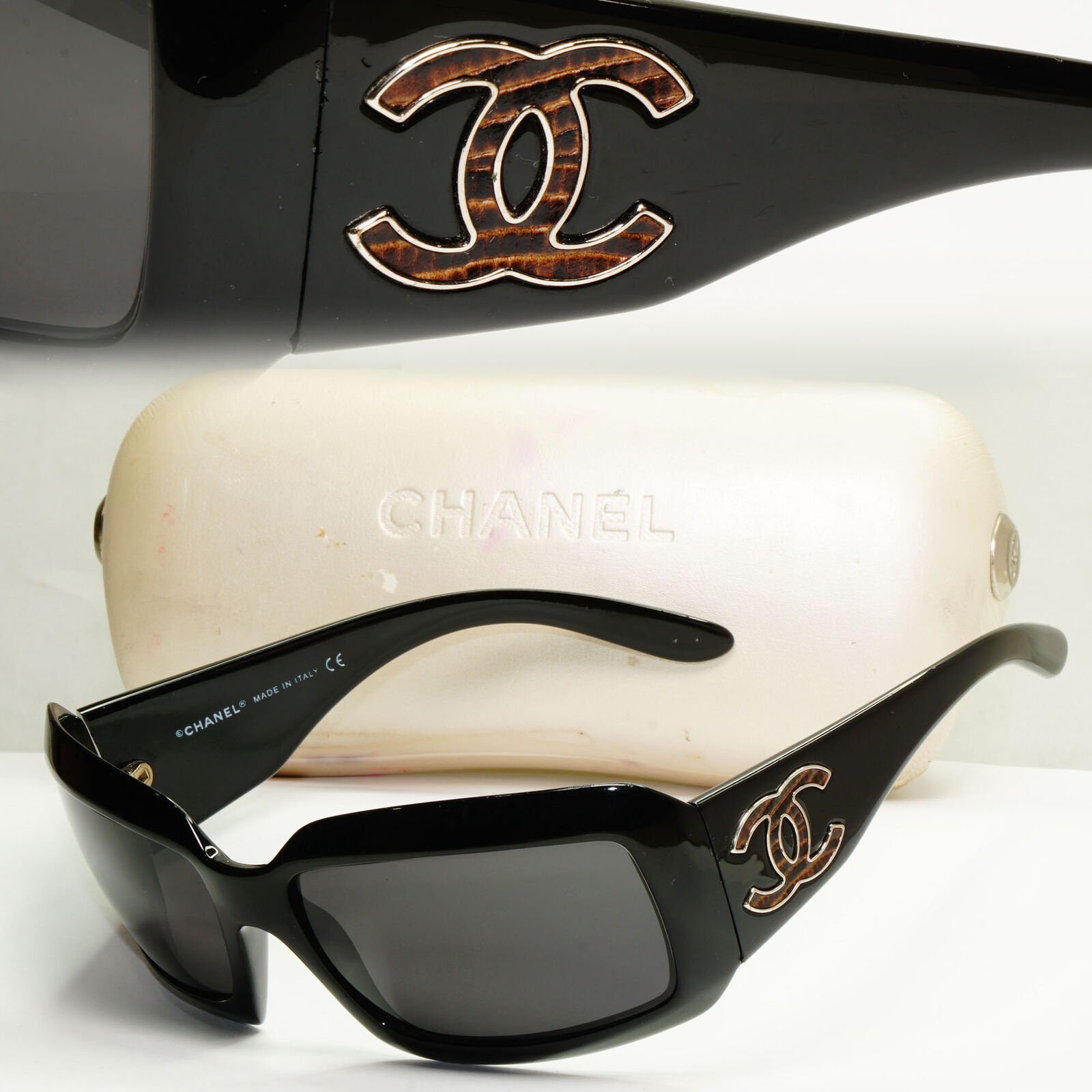 CHANEL Vintage Coco Mark Logo Sunglass Shades Accessory Black Silver RankAB