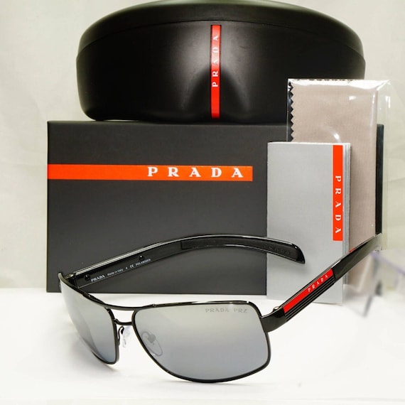 Authentic Prada Polarized Mens Sunglasses Silver Mirror Black Sps