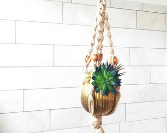 Vintage Macrame Plant Hanger Brown Wood Beads Tassel Large Plant Hanger 35"  Boho Decor