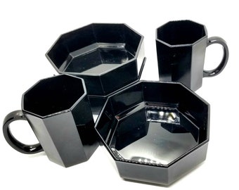 Black Amethyst Glass Coffee Mug Octagon Cereal Bowl Set Arcoroc Octime Modern Tea Mug Glass Tea Cup Made in France 1980s 80s