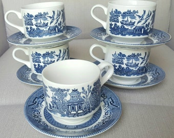 Blue Willow Teacup and Saucer Set or Individual Churchill China Vintage Ceramic Coffee Cup Tea Mug Blue and White Made in England