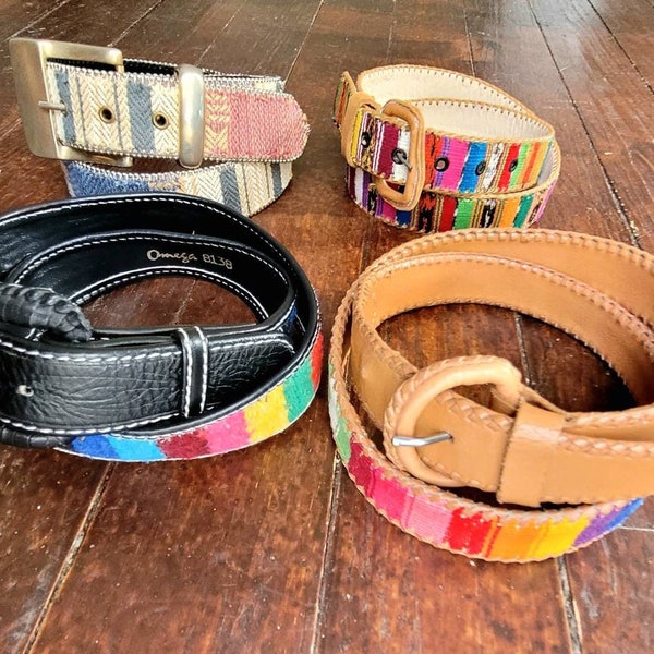 Vintage 80s Guatemala Belt Size Small - Medium Leather Fabric Tribal Woven Belt Ethnic Boho Guatemalan Colorful