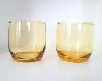 Whiskey Glass Set Amber Glass Tumblers Set Yellow Old Fashioned Vintage Rocks Glasses Low Ball Glass 8 oz - Set of 2