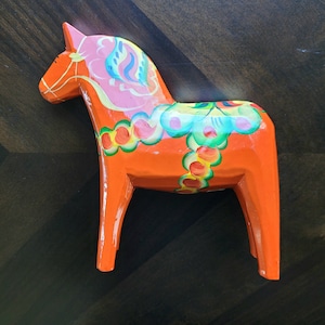Vintage Dala Horse Wood Figurine Red Orange Scandinavian Decor Made in Sweden, Swedish Folk Art - 6.5&quot; Tall Statue Very Good Condition