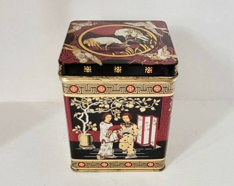 Tea Tin Canister Vintage Storage Canister Chinoiserie Decor Metal Box Asian Decor Tea Caddy Tin Gold Black Red Cherry Blossom Hinge Lid 3.5"