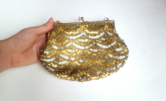 Vintage Handbag Gold Seed Bead Clutch Handmade Ba… - image 2