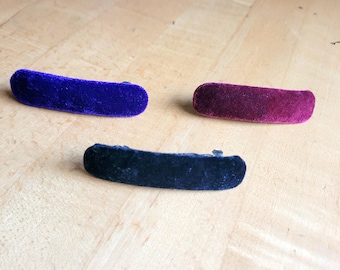 Vintage Hair Barrette Velvet Rectangle Set of 3 Purple Red Burgundy Black Medium Size Clip Made in Korea - Kawaii 90s