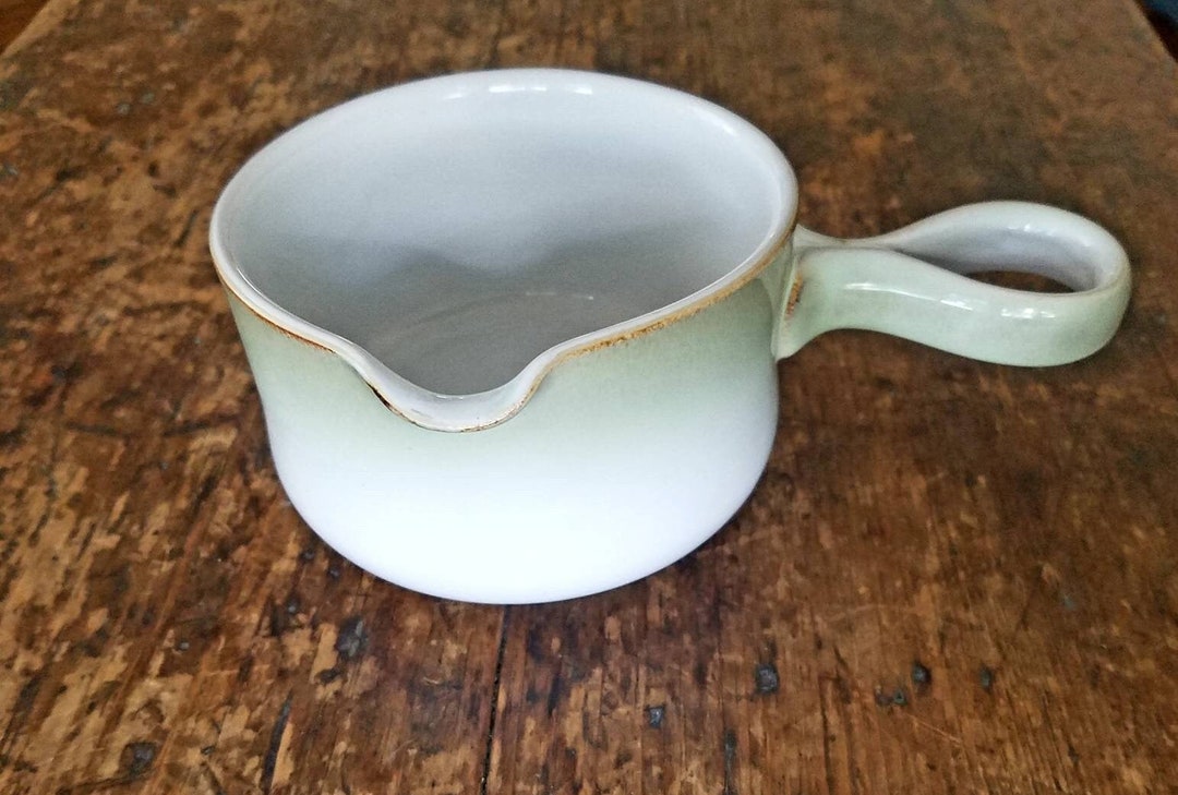 Denby Gravy Boat Loop Handle Light Green With Brown Rim Ceramic Vintage