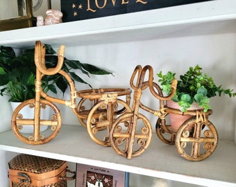 Rattan Plant Stand Bike Bamboo Planter 6" or 4" Pot Rattan Planter Stand Tricycle Planter Bicycle Planter Vintage Bentwood Decor