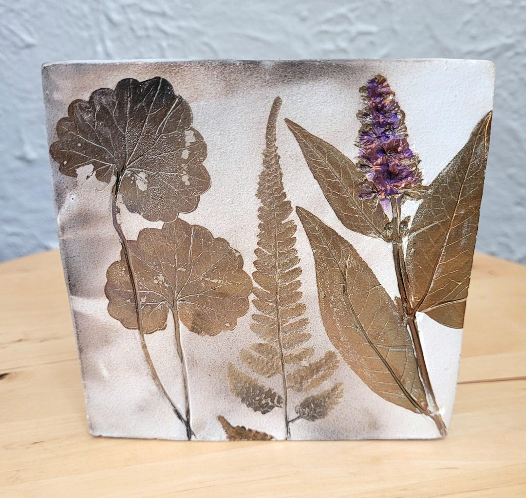 Art Tile Botanical Leaf Pressed Wildflower Metallic Raku Style Vintage ...