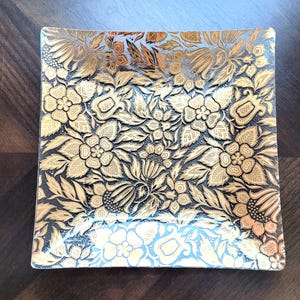 Georges Briard Glass Plate Gold Flowers Square Serving Tray Floral Design Vintage Mid Century Decor 9.5 Inches