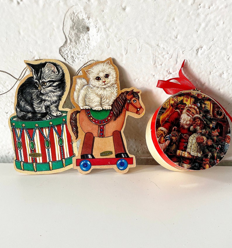 Die Cut Christmas Ornament Set of Cats & Decoupage Wood Box Etsy