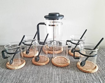 Vintage Bodum French Press Bistro Set 4 Cups, Creamer & Sugar, Coasters, Spoons Black Modern Coffee Set Bodum Coffee Press - Complete Box