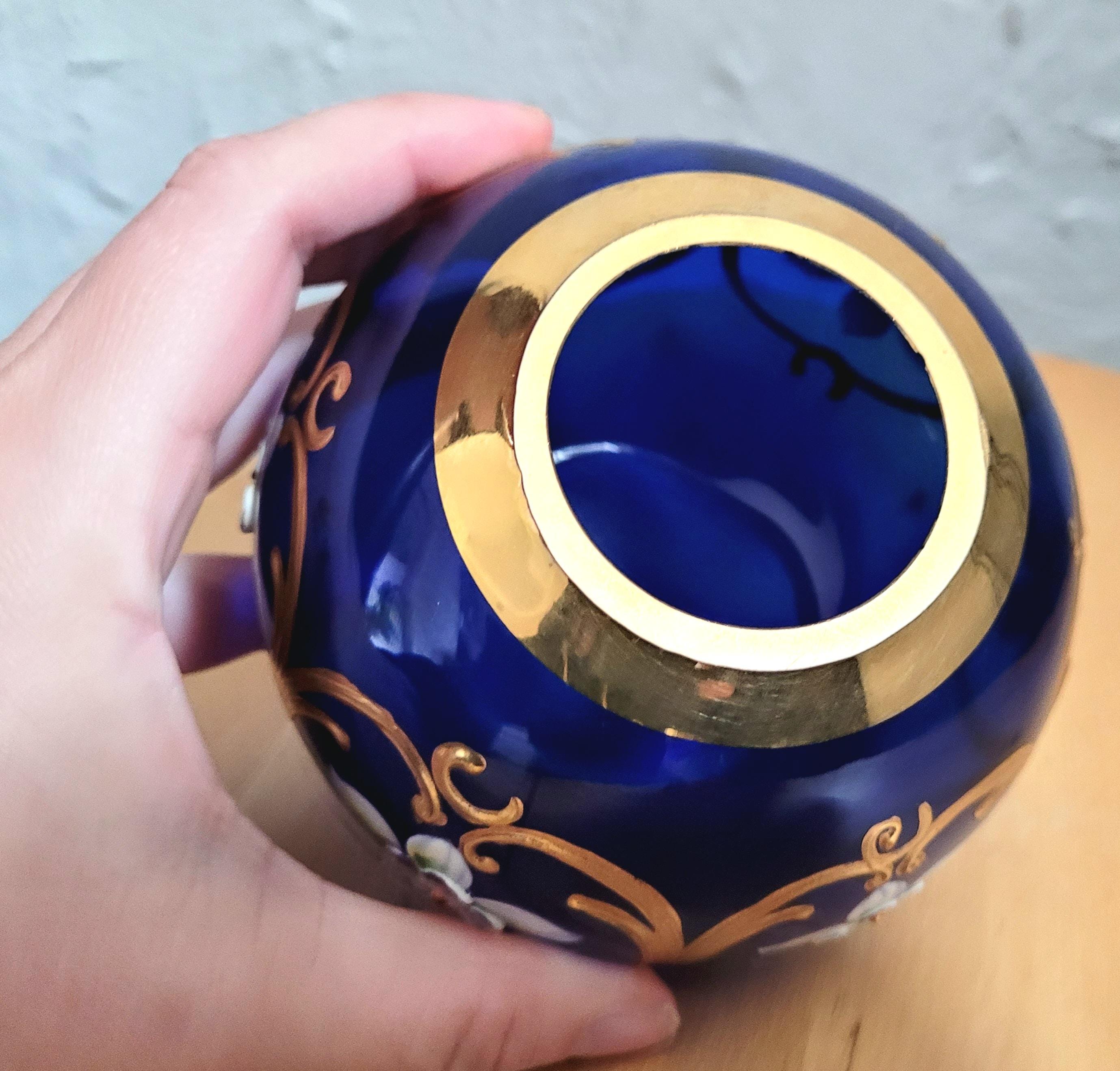 Bohemian ブルーカットボール　1950年物 Vintage Egermann Cobalt Blue Bohemian Crystal Gold Gilt Applied