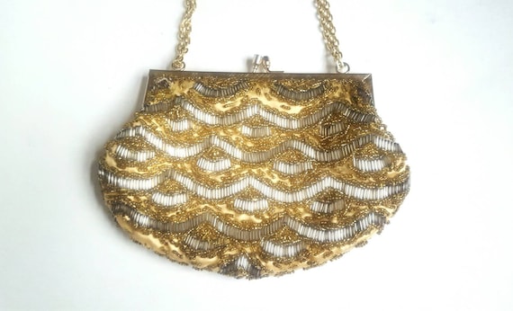 Vintage Handbag Gold Seed Bead Clutch Handmade Ba… - image 3