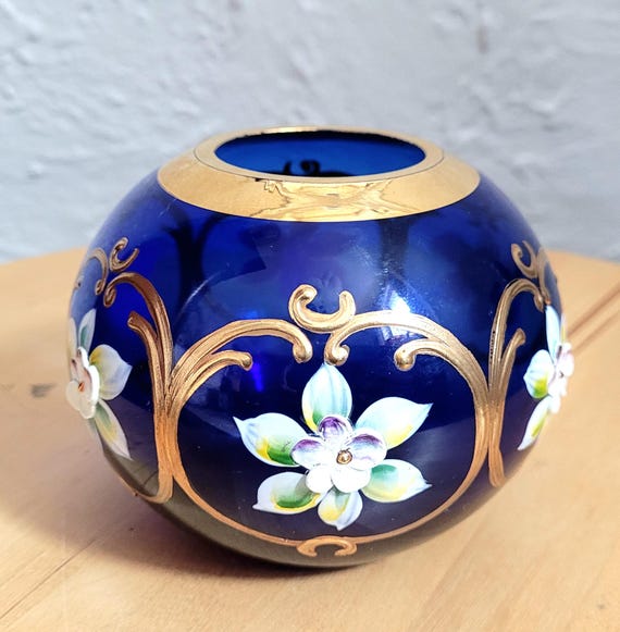 Vintage Egermann Cobalt Blue Bohemian Crystal Gold Gilt Applied