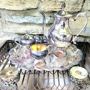 Silver Plated Tea Set of 6 FB Rogers Vintage Teapot Sugar Bowl Creamer Serving Tray Candles Holiday Hostess - New in Box Tea Pot