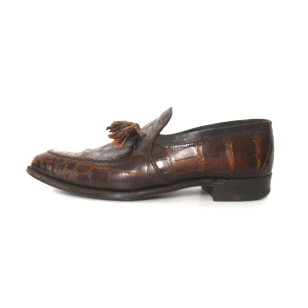 Vintage Johnston and Murphy Alligator Croc Brown Leather Aristocraft Tasseled Loafers Men 10.5 USA