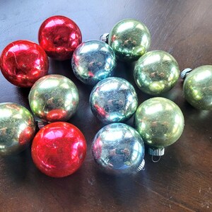 Shiny Brite Christmas Ornament Set 2 Inch Baubles MCM Christmas Tree Decor Vintage Red Blue Green - 12 Mercury Glass Balls