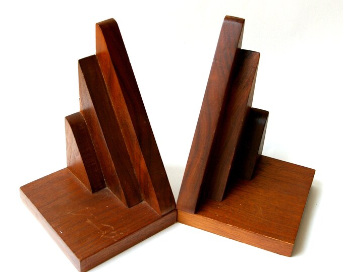 Vintage Triangle Bookends Mid Century Modern Geometric Wooden Etsy