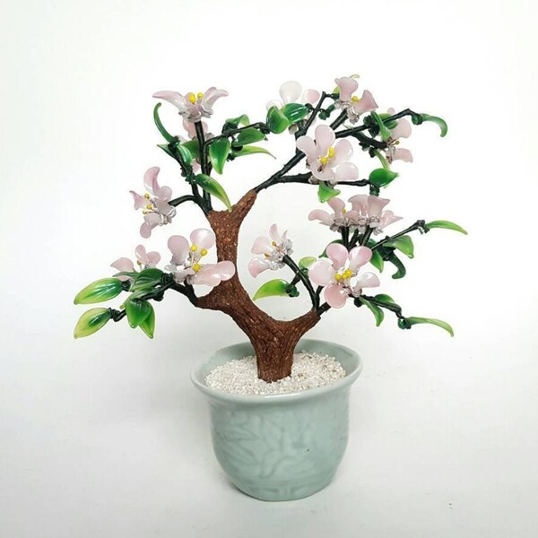 Wire Bonsai Tree Jade Plant Cherry Blossom Flower Pink Glass Ceramic Celadon Planter Vintage Bonsai Pot Sculpture Chinese Home Decor Epsteam